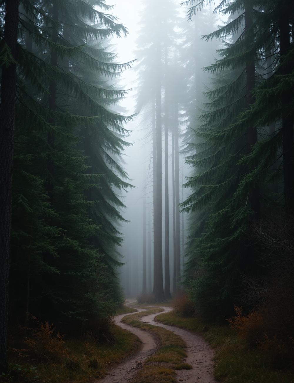 A misty path through tall North Idaho evergreens